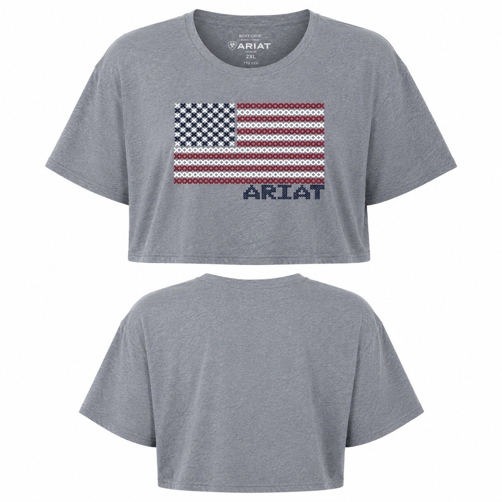 NEW Ariat Women’s 2XL Boxy Crop USA Flag Graphic T-Shirt Heather Gray Patriotic